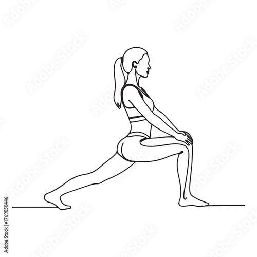 Embracing Wellness A Continuous Line Drawing of a Woman in a Dynamic Lunge Pose, Illustrating Fitness and Healthy Lifestyle Concepts