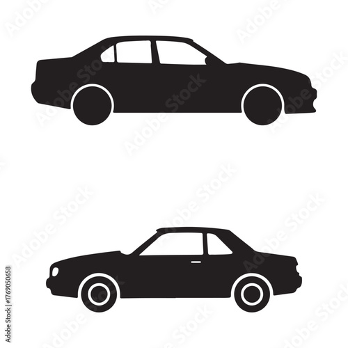 Black Car Silhouettes of Sedan and Coupe on White Background Auto Industry and Transportation Design Elements
