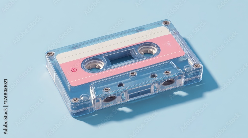 Obraz premium Vintage Cassette Tape on a Pastel Blue Background with Soft Shadow, Depicting Nostalgic Music Culture and Retro Aesthetics in a Clear Design