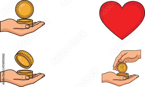 Charity donation and love concept with hands giving coins, red heart, and money contribution symbol for kindness illustration