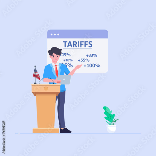 vector of a politician announcing an increase in import tariffs. The percentage is listed behind to emphasize the increase in trade costs. Import tariffs, trade wars, and economic conflicts.