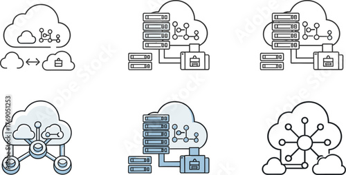 Cloud computing network with data servers and secure connection, business cloud storage, digital technology, and online database infrastructure concept