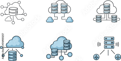 Cloud database network connection illustration showing data servers, internet storage, web hosting, and technology infrastructure in modern vector design