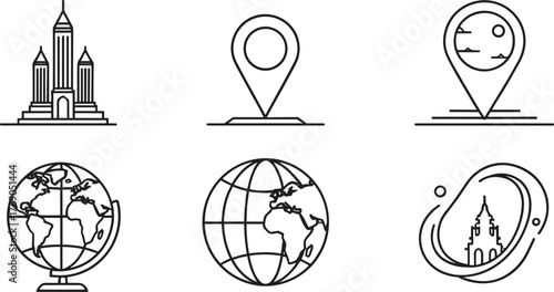 Global travel and location icons illustration, world map, GPS pin, destination marker, and famous building line art design