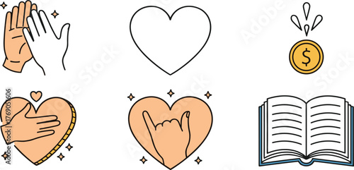 Love and kindness icons set with heart, hand, book, and donation coin, empathy and charity concept illustration