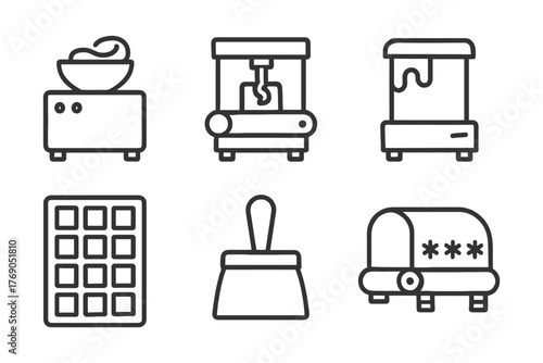 Line icons of ice cream machine, mixer, waffle maker, and syrup dispenser.