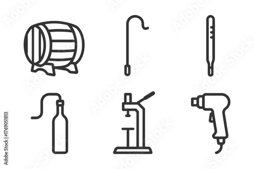 Outlined brewing tools: barrel, hydrometer, bottle opener, and more brewing equipment.