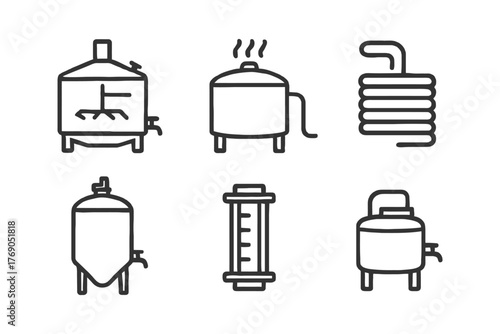 Industrial brewing equipment line icons: fermenter, kettle, heat exchanger, pipes, and tanks.