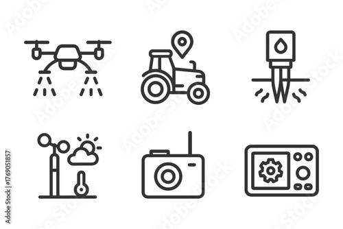 Farming technology icons: drone, tractor, soil tester, weather station, camera, monitor.
