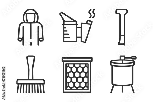 Beekeeping equipment icons set: suit, smoker, hive tool, brush, frame, extractor.