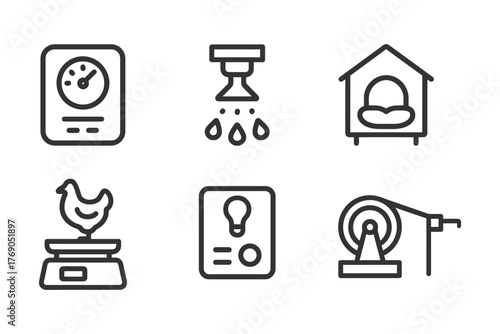Simple icons of pressure gauge, sprinkler, scale, light bulb, chicken, and house.