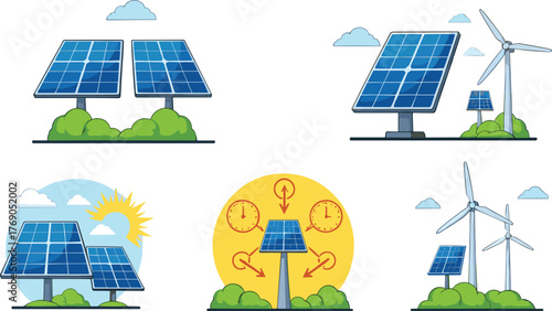 Solar panels and wind turbines renewable energy concept, clean sustainable green power generation, eco-friendly environment and modern technology illustration
