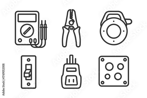 Collection of electrical tools and components in black and white line art design.
