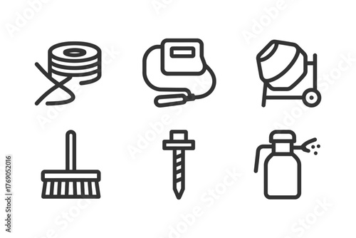 Construction tools icons: tape measure, pressure washer, cement mixer, broom, screw, spray bottle.