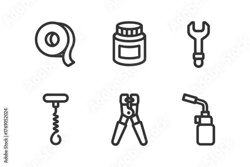 Set of six monochrome tool icons featuring tape, jar, wrench, corkscrew, pliers, soldering iron.