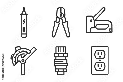 Outline icons of soldering iron, wire stripper, stapler, protractor, connector, and electrical outlet.