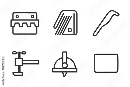 Line art icons of carpentry tools: saw, file, curved knife, clamp, compass, sandpaper.