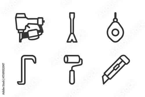 Set of six construction and painting tools icons in black outline style.