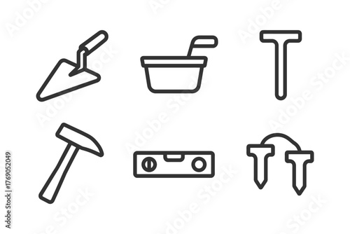 Construction tools icon set including trowel hammer level and chisel.