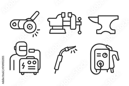 Blacksmith and welding tools: grinder, vise, anvil, and welder icons.