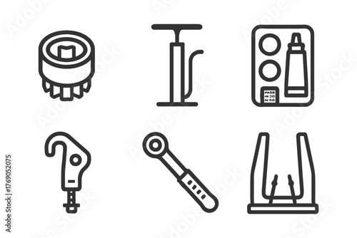 Cycling repair tools icon set: ratchet, pump, adhesive, hook, wrench, stand.