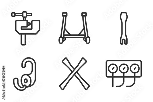 Line art icons of tools and hardware: clamp, stand, wrench, hook, cross, sockets.