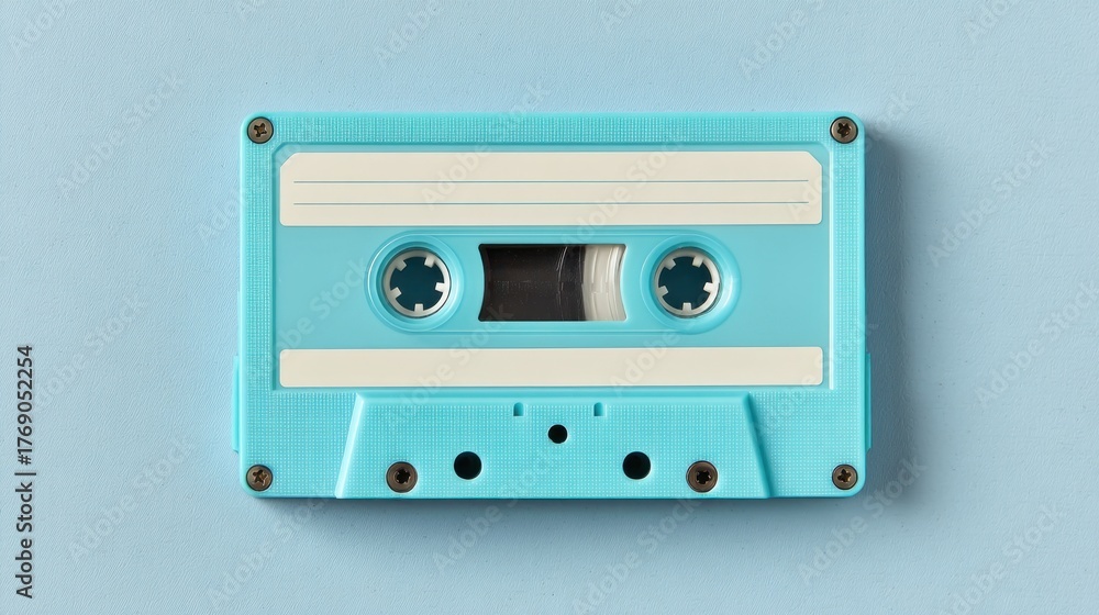 Fototapeta premium Retro Audio Cassette Tape on Blue Background with Clear Sky Aesthetic Perfect for Nostalgia and Music-Related Projects