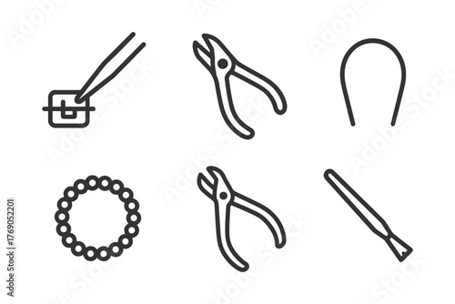 Orthodontic tools line icons set: braces, pliers, dental instruments.