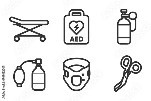 Emergency medical equipment icons set: stretcher, aed, oxygen, ambu bag, cervical collar, scissors.