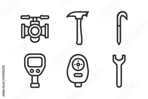Set of six tools: wrench, hammer, valve, crowbar, meter, tester for construction and maintenance.