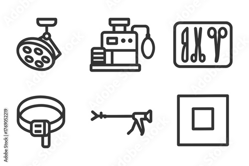 Outline icon set of surgical instruments and medical equipment for hospital.
