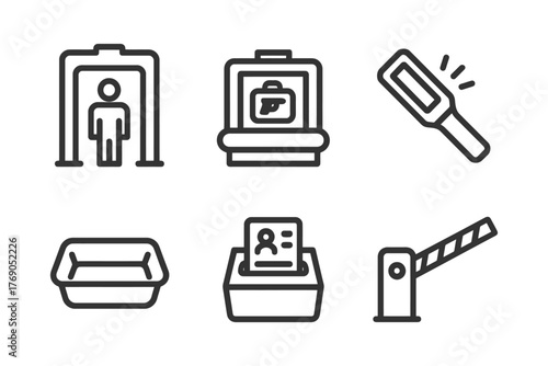 Airport security icons: metal detector, x-ray, wand, tray, passport check, barrier.