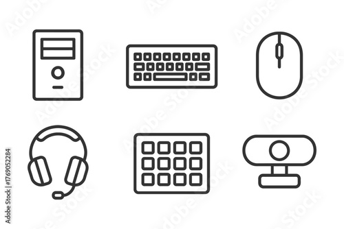 Icons of computer accessories: keyboard, mouse, headset, webcam, tower, numeric pad.