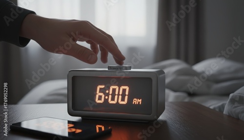 Person turning off alarm clock at 6 AM
