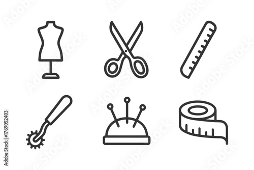 Sewing tools: mannequin, scissors, ruler, tracing wheel, pin cushion, tape measure icons.