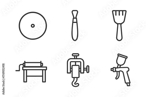 Set of various construction tools icons: roller, spatula, paint spray gun, sander, wrench.