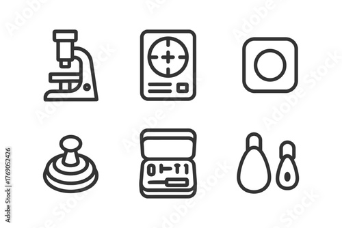 Set of science and laboratory icons: microscope, target, button, knob, tool kit, flask.