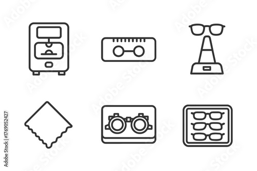 Optometry equipment icons: phoropter, lensometer, eye chart, glasses, cleaning cloth, trial frame.