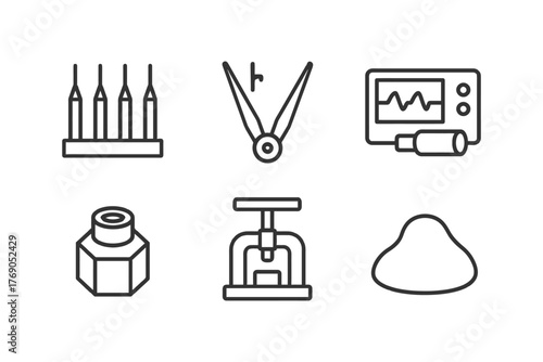 Set of engineering tools and instruments icons in line art style.
