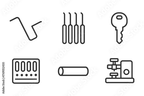 Locksmith tools set: lock pick, key, and locking mechanism icons.