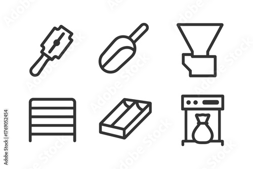 Line art icons of medical equipment including razor blade, pill crusher, hopper.