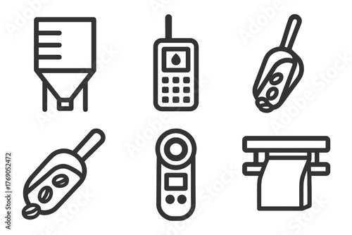 Set of icons featuring coffee beans, devices, and packaging tools.