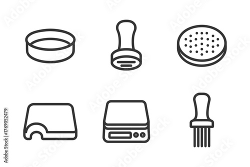 Minimalist coffee-making tools: tamper, scale, portafilter, and more icons.