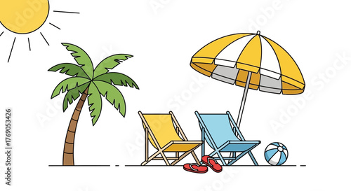 Idyllic beach getaway with sun palm tree chairs and umbrella for summer relaxation