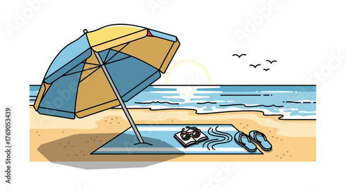Relaxing beach escape with umbrella book sunglasses and the calm ocean waves