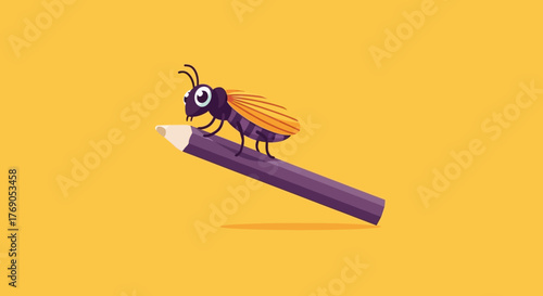 Illustrative design featuring a cartoon ant character exploring a large purple pencil tool