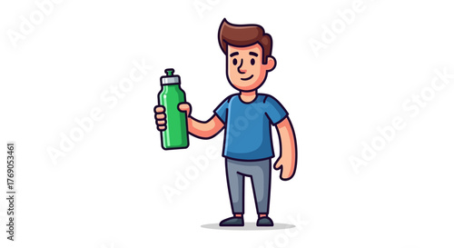 Cartoon character promoting hydration with reusable green bottle for healthy lifestyle