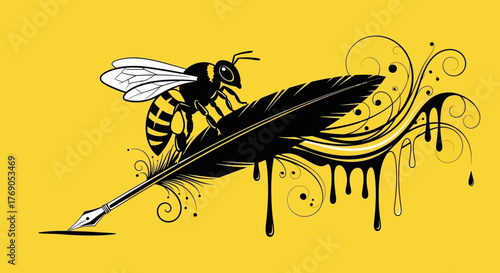 Graphic illustration of a bee perched on a quill with ornamental ink design elements