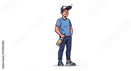 Cartoon character illustration of a young man holding a beverage and wearing casual clothing
