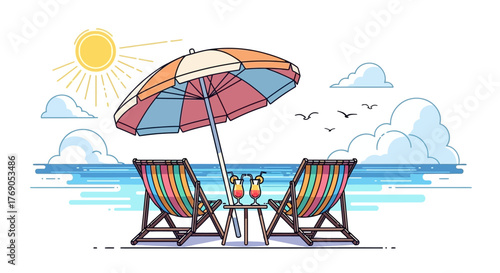 Illustration depicting beach relaxation with chairs, umbrella, cocktails and sea view serene escape